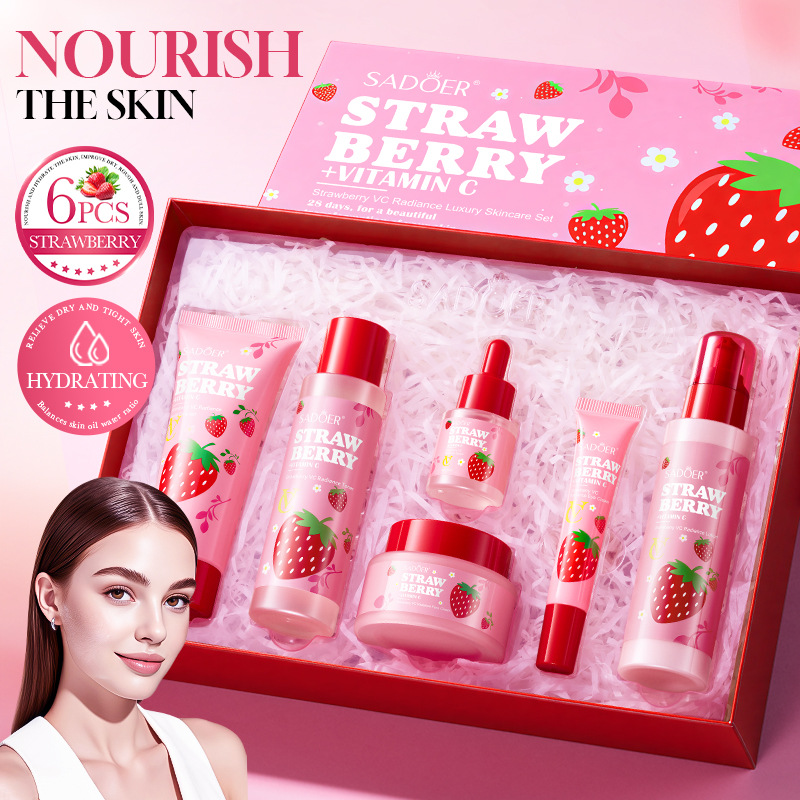 Luxury Skincare Gifts - ストロベリーVCブライトニングラグジュアリーケア6点フェイシャルスキンケアセット、優しい処方、なめらかな肌、女性への理想的なホリデーギフト