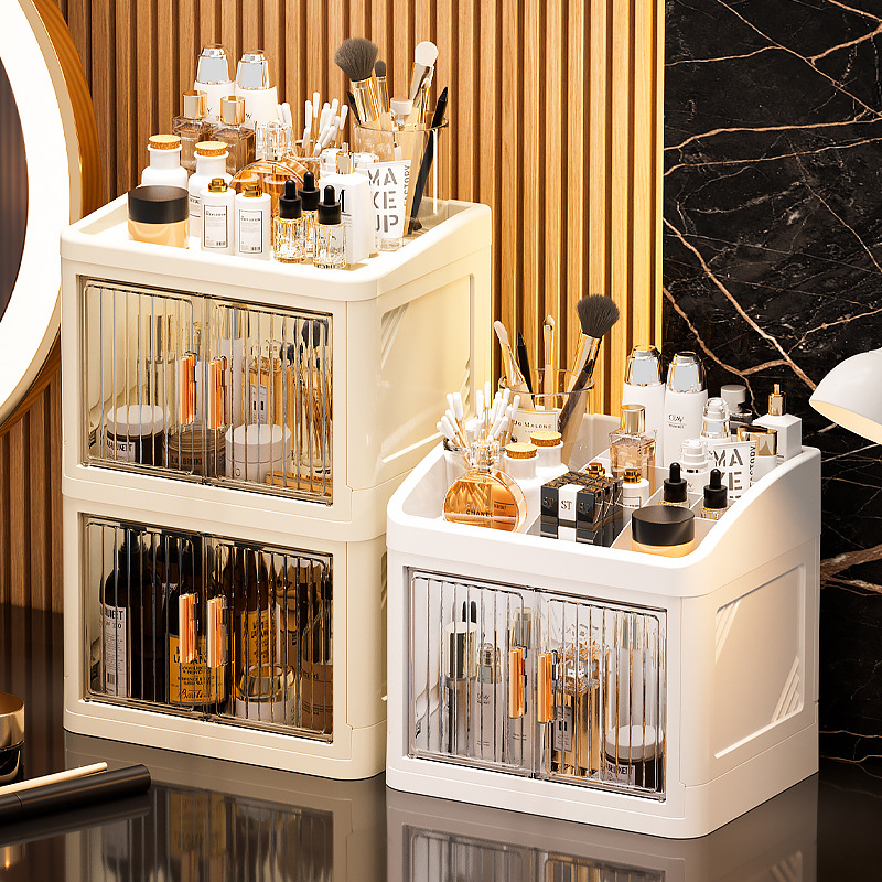 Luxury Skincare Gifts - 大容量の重ねて使えるメイクアップ収納キャビネット、防塵防水、高級感のあるスタイリッシュなオーガナイザーボックス、デスクトップのメイクアップの乱雑さや汚れを解消、掃除の手間を省きます、寝室、バスルーム、化粧台の化粧品やスキンケア製品の収納に最適な家庭用収納ボックス、妻や親友への実用的で心のこもった贈り物、休日や誕生日に。