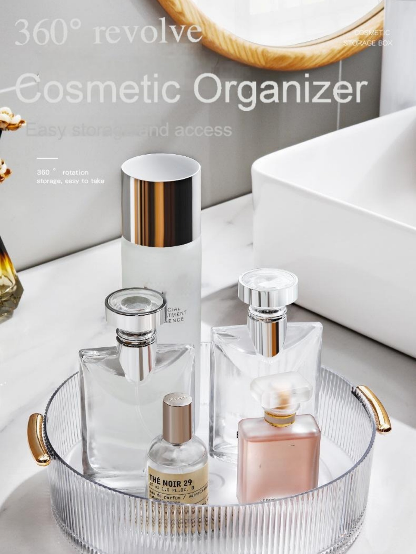 縦型リブ付き透明メイクアップ収納トレイ、大型丸型回転式化粧品 - Luxury Skincare Gifts のレビューと価格