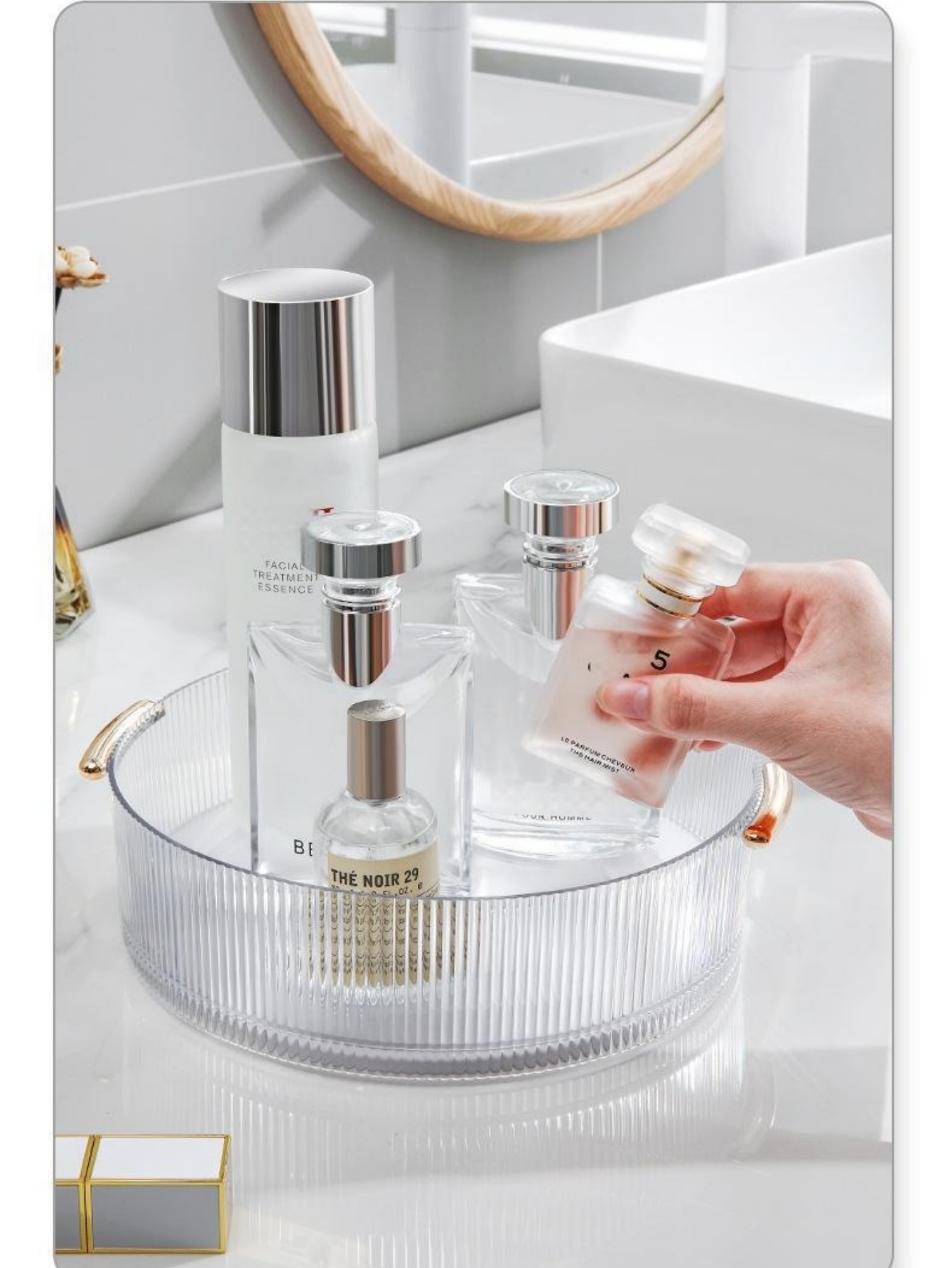 縦型リブ付き透明メイクアップ収納トレイ、大型丸型回転式化粧品 - Luxury Skincare Gifts のレビューと価格